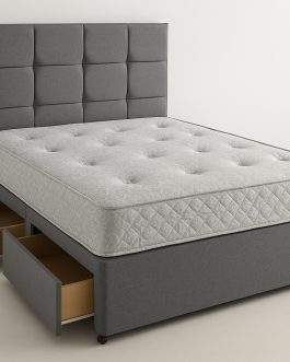 Fabric Divan Bed Set with Mattress and Headboard – Upholstered Platform Base – Medium Firm Coil Spring Mattress – Modern Bedroom Furniture