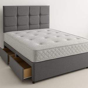 Fabric Divan Bed Set with Mattress and Headboard – Upholstered Platform Base – Medium Firm Coil Spring Mattress – Modern Bedroom Furniture