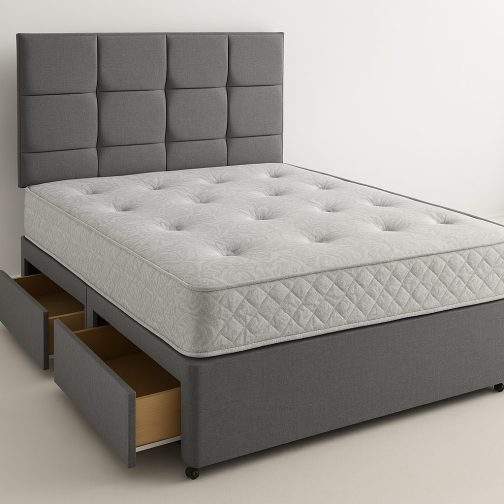 Fabric Divan Bed Set with Mattress and Headboard – Upholstered Platform Base – Medium Firm Coil Spring Mattress – Modern Bedroom Furniture