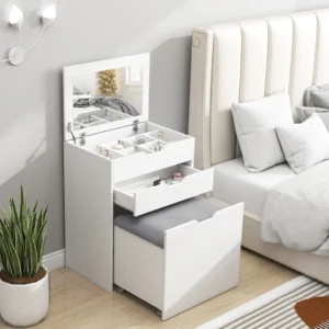 Dressing Table with Mirror and Stool – Modern Vanity Set with Storage (White)