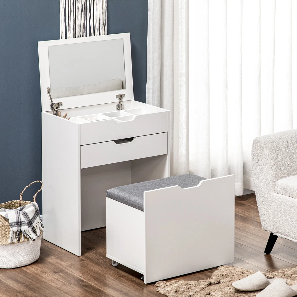 Dressing Table with Mirror and Stool – Modern Vanity Set with Storage (White) - Image 2