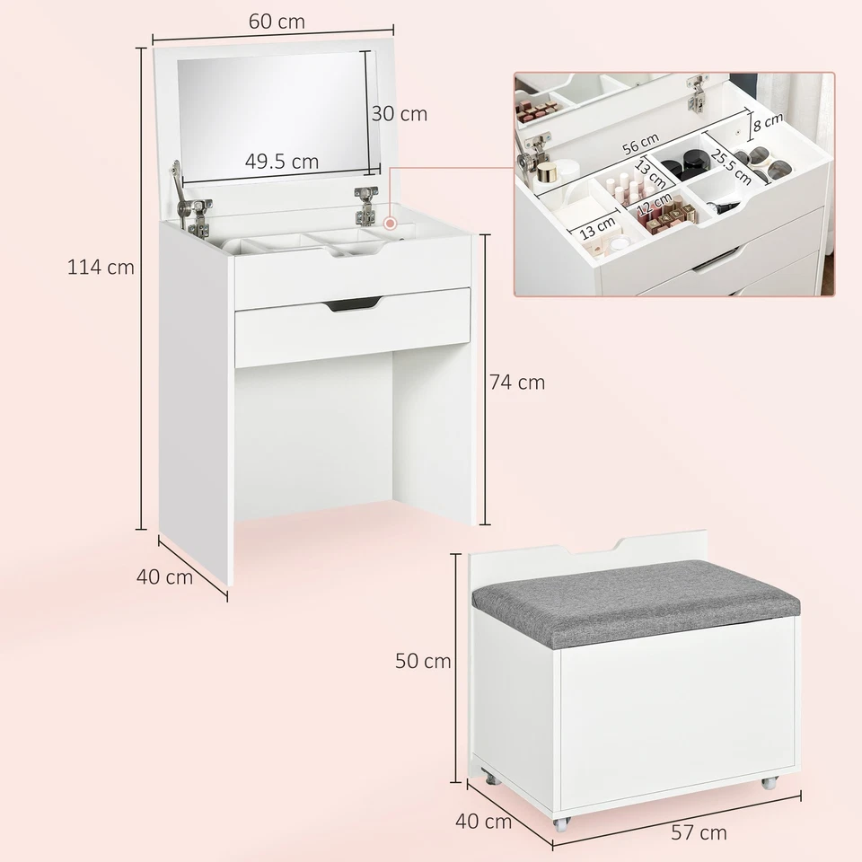 Dressing Table with Mirror and Stool – Modern Vanity Set with Storage (White) - Image 3