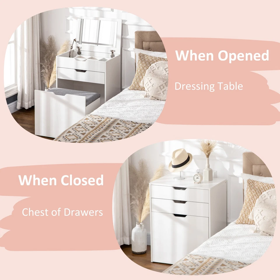 Dressing Table with Mirror and Stool – Modern Vanity Set with Storage (White) - Image 4