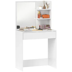 The Top Bed Modern Dressing Table with Mirror & Storage – White Vanity Desk with Drawer & Shelves