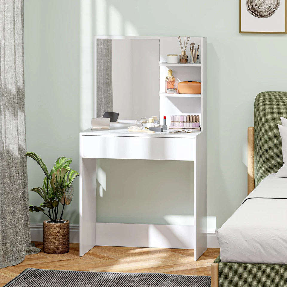 The Top Bed Modern Dressing Table with Mirror & Storage – White Vanity Desk with Drawer & Shelves - Image 2