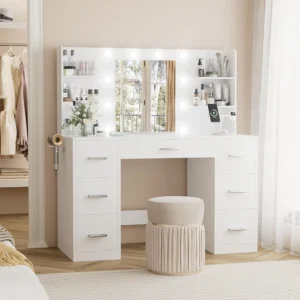 The Top Bed Modern Vanity Table with Mirror, LED Lights & Power Outlet – Makeup Desk with Storage Drawers