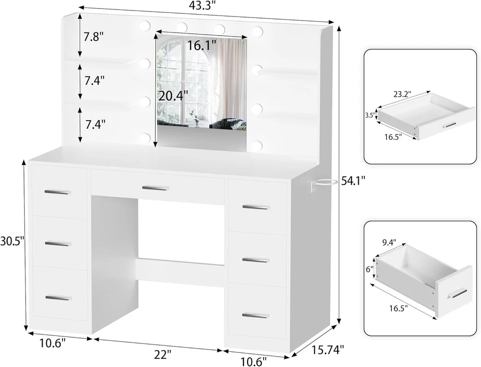 The Top Bed Modern Vanity Table with Mirror, LED Lights & Power Outlet – Makeup Desk with Storage Drawers - Image 2