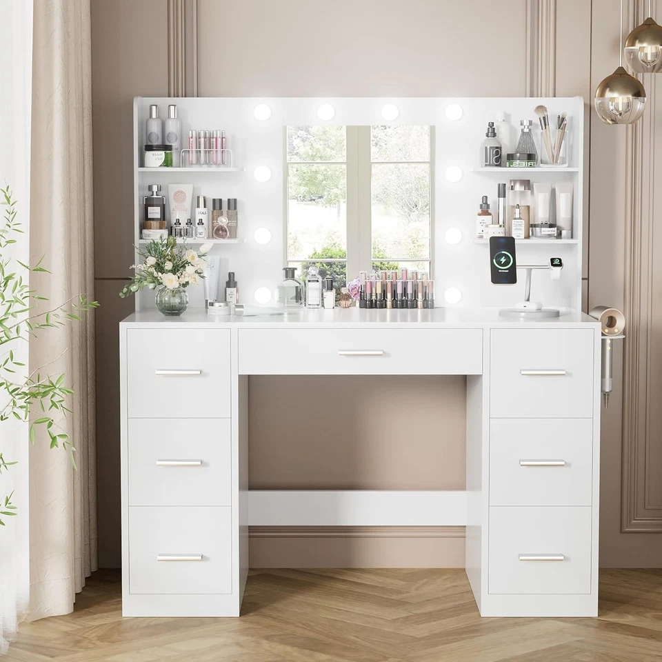 The Top Bed Modern Vanity Table with Mirror, LED Lights & Power Outlet – Makeup Desk with Storage Drawers - Image 3