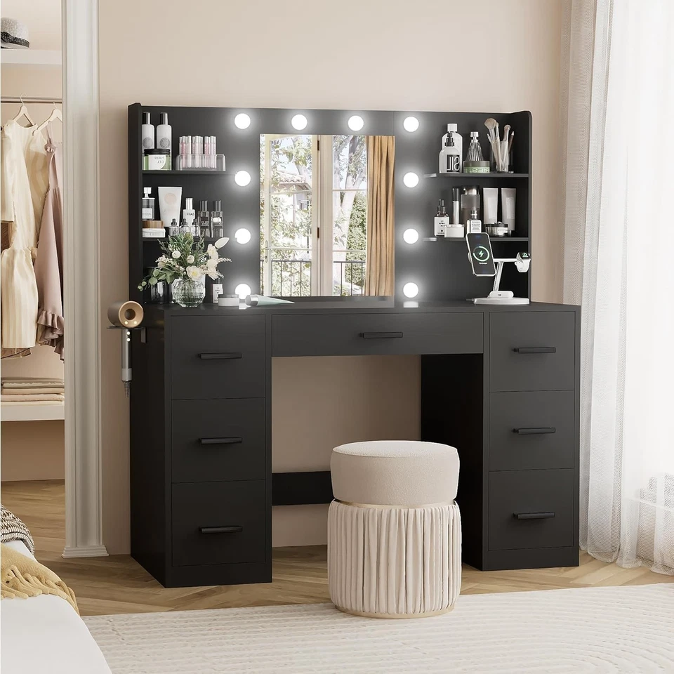 The Top Bed Modern Vanity Table with Mirror, LED Lights & Power Outlet – Makeup Desk with Storage Drawers - Image 5