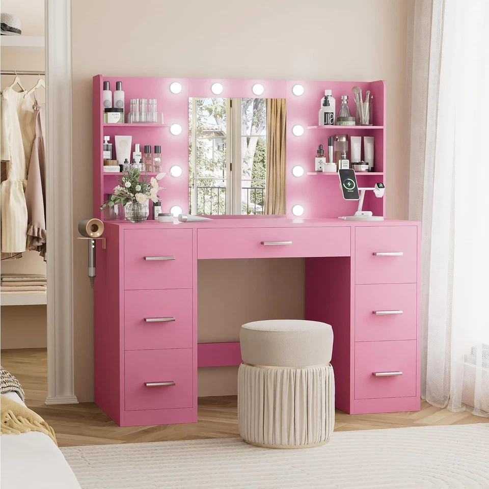 The Top Bed Modern Vanity Table with Mirror, LED Lights & Power Outlet – Makeup Desk with Storage Drawers - Image 4