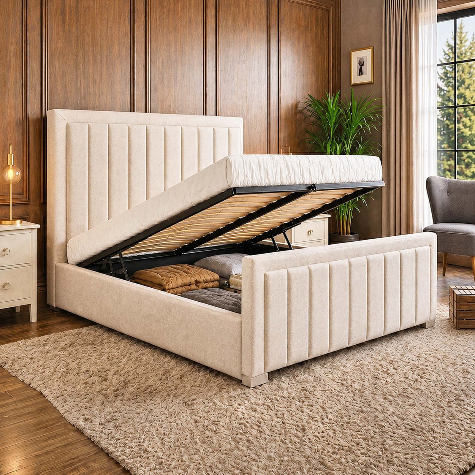 Giselle Ottoman Bed – Elegant Velvet Panel Work & Heavy-Duty Hydraulic Storage