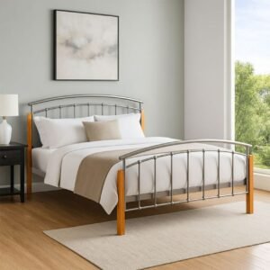Logan Bed Frame – Industrial Metal Framework & Elegant Beech Posts