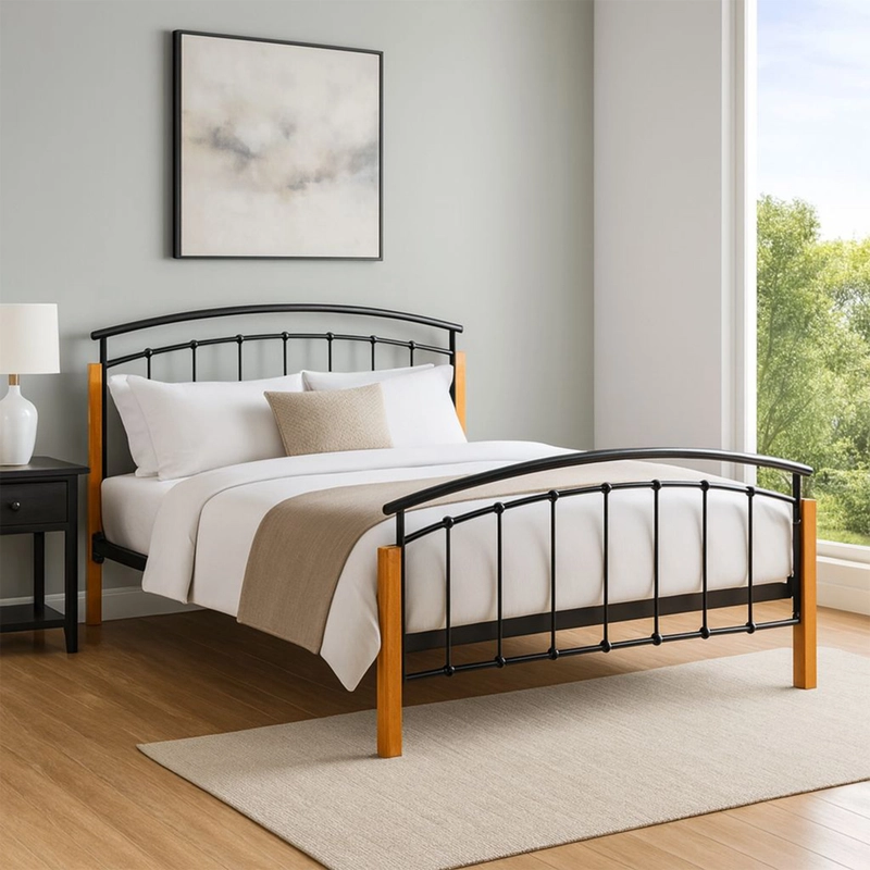 Logan Bed Frame – Industrial Metal Framework & Elegant Beech Posts - Image 2