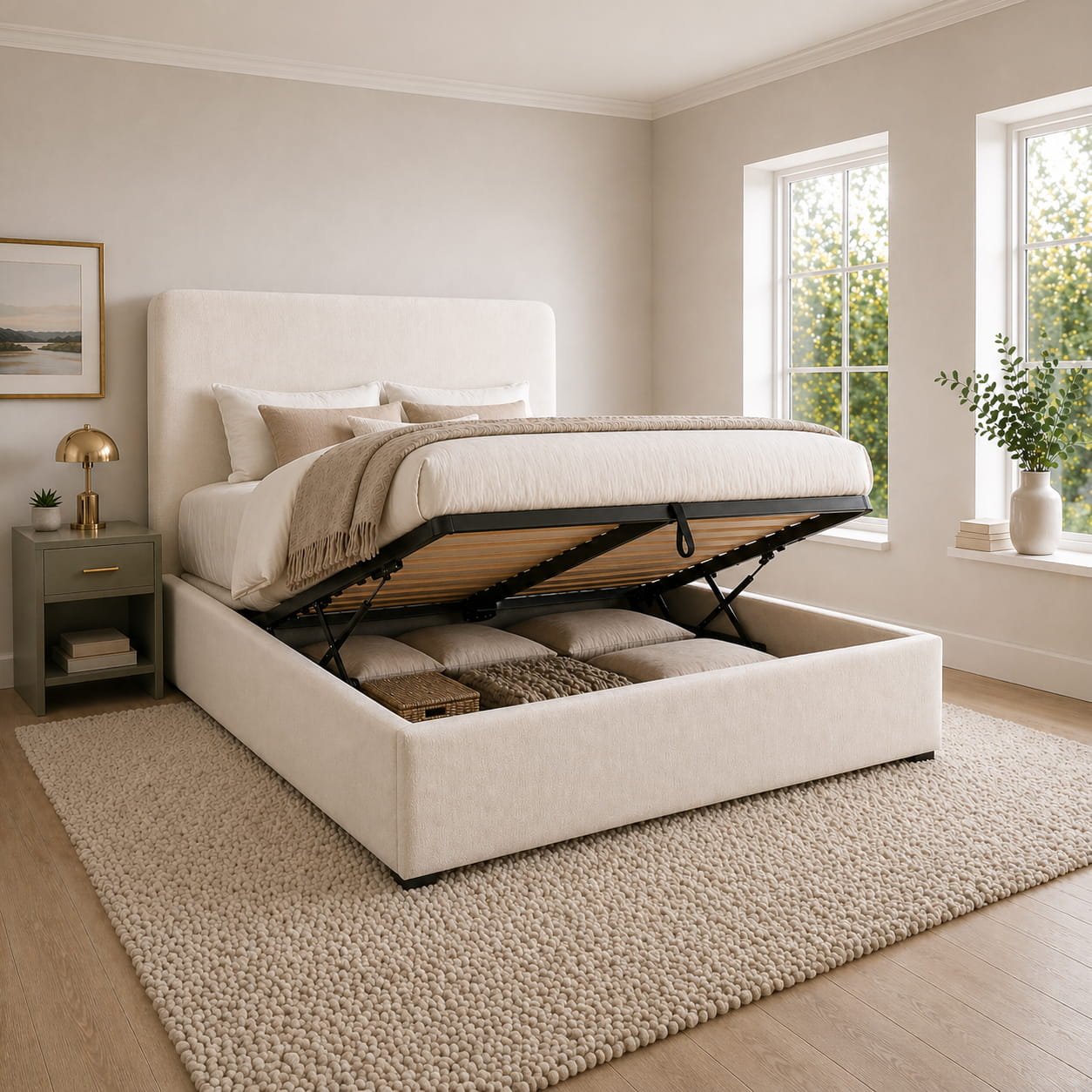 Milan Ottoman Storage Bed – High-Texture Bouclé Elegance & Heavy-Duty Hydraulic Storage